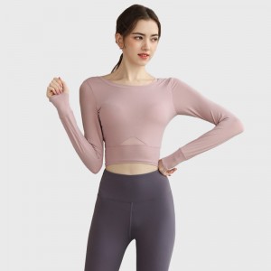 Womens long sleeve crop top U neck mesh fitness yoga padded workout tshirt with thumb hole
