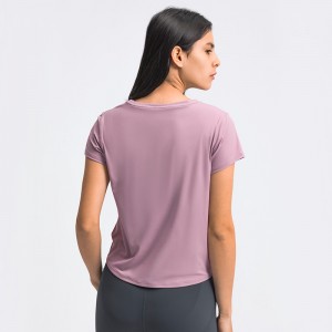 Womens yoga fitness t-shirts folding hem sports loose workout moisture-wicking gym tshirts