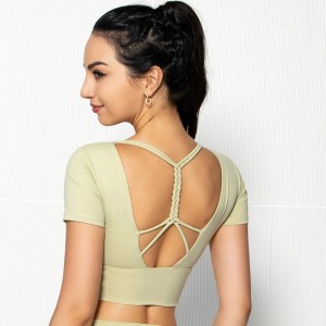 Womens short sleeve crop top padded Y back strap quick dry yoga wear