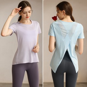 Womens running t-shirts short sleeve round neck split back mesh patchwork sports tshirts