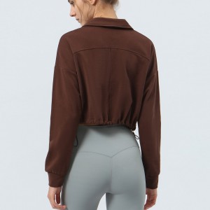 Custom Factory Women lapel half zip pullover crop sweatshirts loose drawstring hem fitness top