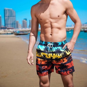 Mens beach shorts coconut tree printed mesh lining quick dry summer cropped pants