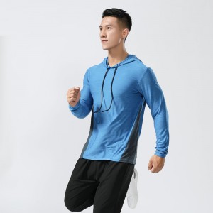 Mens long sleeve sports hoodies quick dry color block drawstring outdoor hooded tshirts