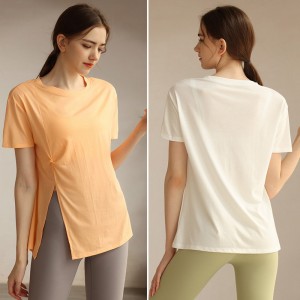 Womens yoga t-shirts round neck short sleeve side split running tshirts