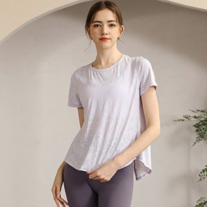 Womens fashion t shirt split back crew neck short sleeve jacquard workout yoga tshirt