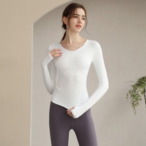 Womens long sleeve fitness sweatshirts quick dry running V neck padded tshirt with thumb hole