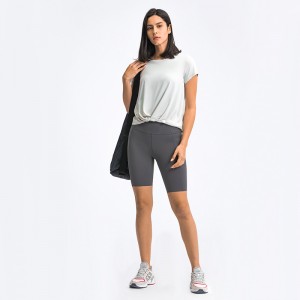 Womens yoga fitness t-shirts folding hem sports loose workout moisture-wicking gym tshirts