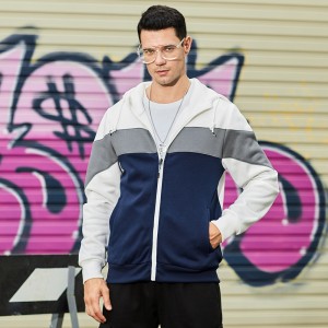 Mens full zip hoodies color block patchwork fashion sports casual fleece sweatshirts