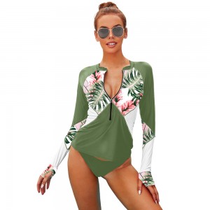 Custom women 1/3 zip colorblock long sleeve surfing beach rash guard | OMI Swimwear Vendor