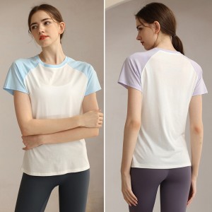 Womens yoga tshirts color block breathable workout fitness slim fit running t-shirt