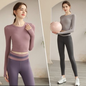 Womens long sleeve padded yoga top round neck gym running crop top with thumb hole
