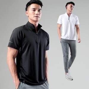 Mens 1/4 zip t-shirts stand collar workout fashion polo shirt quick-dry outdoor fitness t-shirt