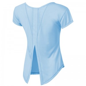 Womens gym t-shirts round neck short sleeve back split mesh patchwork curved hem running tshirts