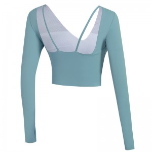 Womens long sleeve crop top V neck strappy padded running fitness tee shirt with thumb hole