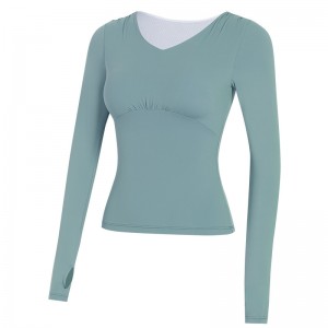 Womens long sleeve fitness sweatshirts quick dry running V neck padded tshirt with thumb hole