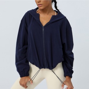 Factory Custom loose casual sports full zip hoodies outdoor running drawstring hem jacket