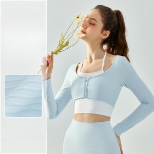 Women colorblock front button sport long sleeve fitness yoga top halter fake 2 piece sweatshirt