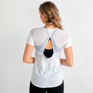 China Custom women fitness wear hollow out back yoga sports active top  short sleeve mesh t-shirt factory and suppliers