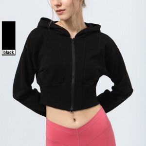 Factory Custom women winter crop hoodie double-ended zipper jacket ribbed hem fitness hoody
