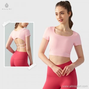 Custom women short sleeve padded crop top sex back strap running fitness tshirt Factory OEM