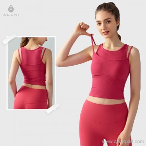Custom women fake 2 piece tank top padded breathable running yoga top Factory Low MOQ