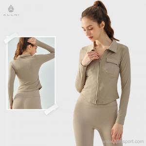 Custom women lapel double zipper ribbed jacket long sleeve fitness running coat Factory OEM