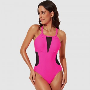 Custom women back cross straps mesh patchwork one piece swimsuit | OMI Swimwear Supplier