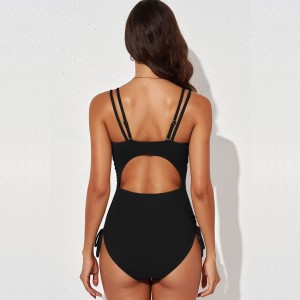 Custom women v neck cross strap back drawcord one piece swimsuits | OMI Swimwear Supplier