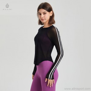 Custom women long sleeve mesh t-shirt quick-dry stripe slim fit running fitness gym yoga smock