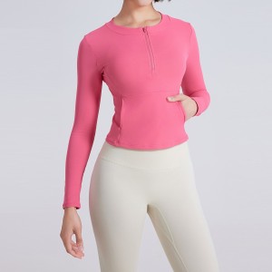 Round neck half zip yoga top slim fit fitness long sleeve tshirts with cangaroo pocket Custom