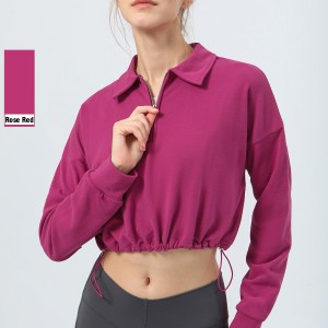 Custom Factory Women lapel half zip pullover crop sweatshirts loose drawstring hem fitness top