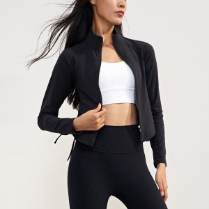 Women running full zip jacket slim fit long sleeve stand collar side drawstring crop coat Custom
