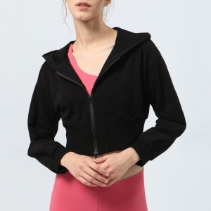 Factory Custom women winter crop hoodie double-ended zipper jacket ribbed hem fitness hoody