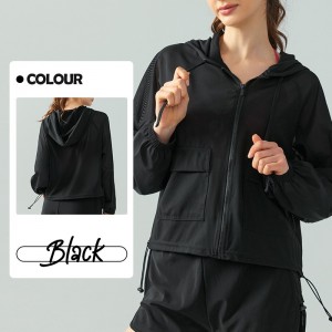 Custom women loose zip hoodies drawstring mesh hooded jacket Factory Low MOQ Fast Delivery