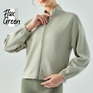 Custom women sports jacket drawstring hem stand collar loose fitness coat Factory Low MOQ
