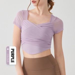 Custom women yoga short sleeve padded crop top mesh quick dry fitness t-shirt OEM Low MOQ
