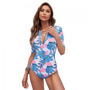 Custom women 1/2 zip printed short sleeve surfing one piece swimsuit | OMI Swimwear Supplier