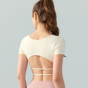 Custom women short sleeve padded crop top sex back strap running fitness tshirt Factory OEM