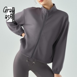 Custom women sports jacket drawstring hem stand collar loose fitness coat Factory Low MOQ