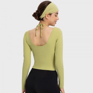 Custom women sex bowknot halter dance sports sweatshirt slim fit yoga ribbed long sleeve tops