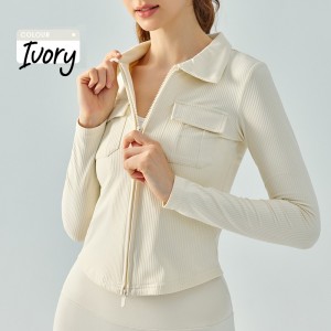 Custom women lapel double zipper ribbed jacket long sleeve fitness running coat Factory OEM