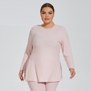Women plus size loose fit split side sports top yoga long sleeve hooded running oversized t-shirt