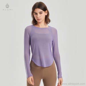 Custom women long sleeve mesh t-shirt quick-dry stripe slim fit running fitness gym yoga smock