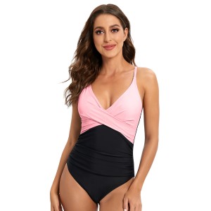 Custom women v neck colorblock swimwear stripe one-piece swimsuit | OMI Sportswear Supplier