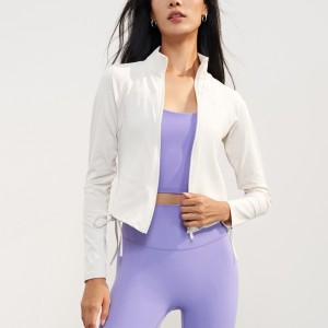 Women running full zip jacket slim fit long sleeve stand collar side drawstring crop coat Custom