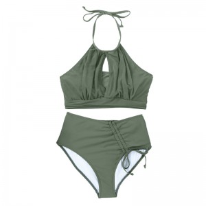 Custom women two piece swimwear halter hollow out pleat strap bikini | OMI Sportswear Supplier