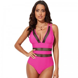 Custom women strap swimwear v neck high cut mesh 1pcs swimsuit | OMI Swimwear Supplier
