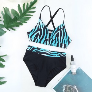 Custom women two piece swimsuits stripe colorblock high cut bikini set | OMI Swimwear Supplier