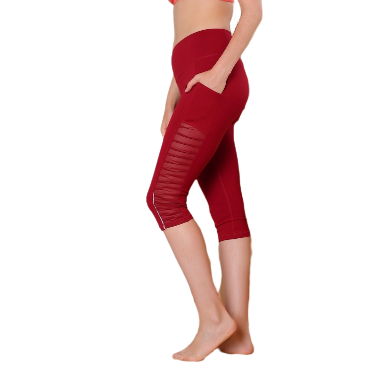 Factory wholesale Recycled Nylon Yoga Leggings - High waist gym women stripes workout fitness yoga 3/4 capri mesh leggings with phone pocket – Omi