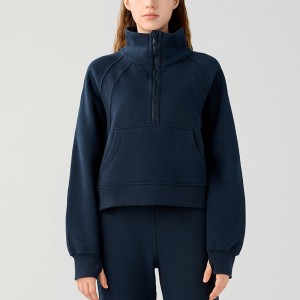 Women half zip stand collar pullover autumn outdoor running fleece sweatshirts with finger hole